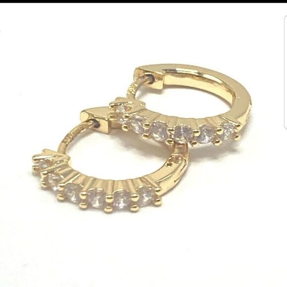 925 Sterling silver gold plated cubic zirconia huggie hoop earrings. - Picture 1 of 10